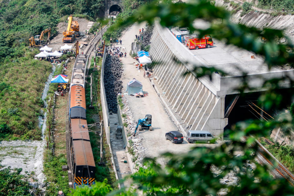 The scene of a train derailment in Taiwan, which killed at least 50 people.