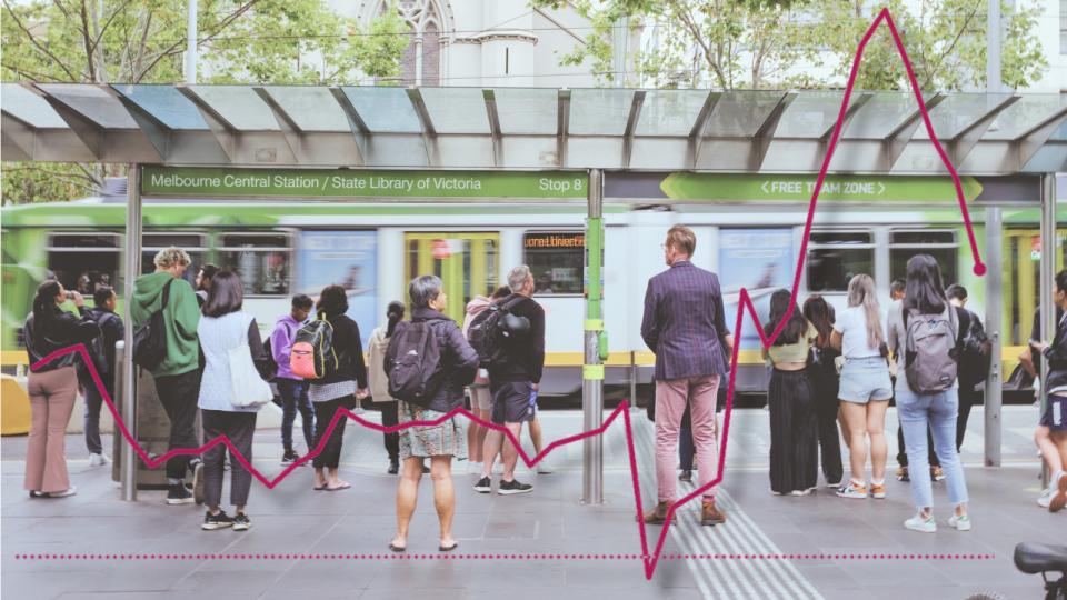 Interest rates and inflation graph on top of a picture of people waiting for a tram.