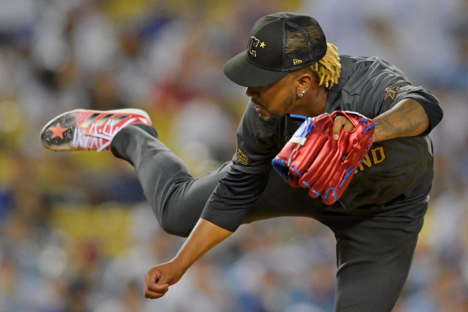 American League relief pitcher Emmanuel Clase throws a pitch.