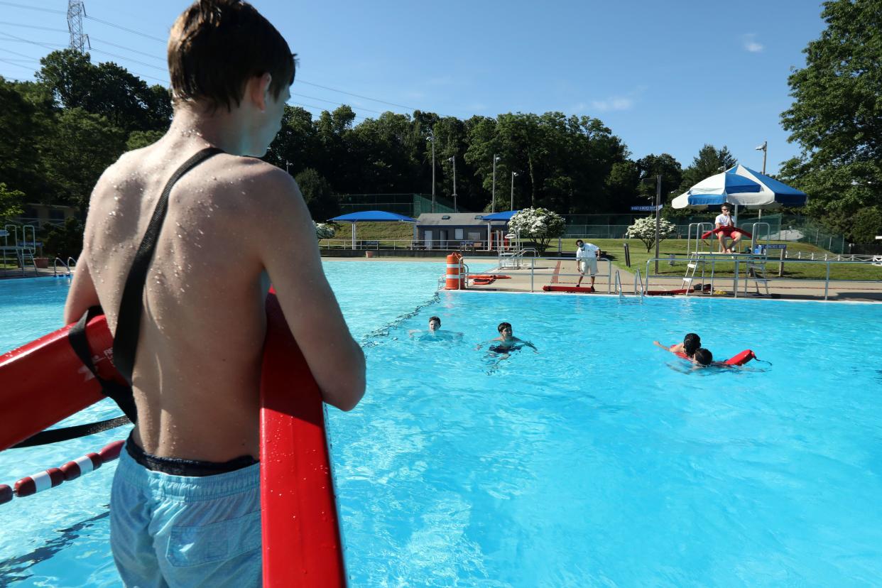 Lifeguards in training practice rescue techniques under the direction of Aquatics Director Greg du Sablon, center, at Anthony F. Veteran Park in Hartsdale June 10, 2021.