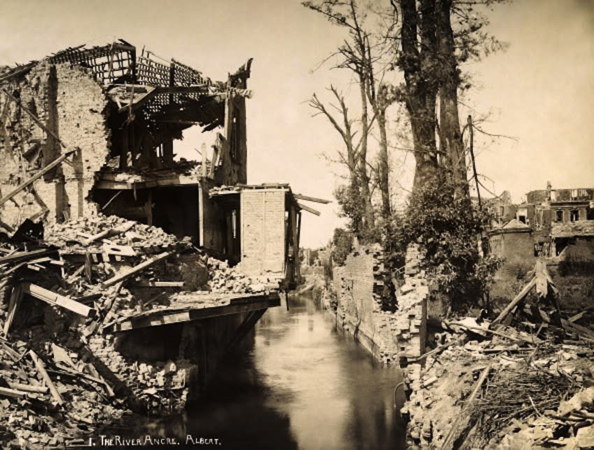 A view of the the River Ancre in the town of Albert, in France, photographed soon after the end of World War One, circa March 1919. This image is from a series documenting the damage and devastation that was caused to towns and villages along the Western Front in France and Belgium during the First World War. (Photo by Popperfoto/Getty Images)