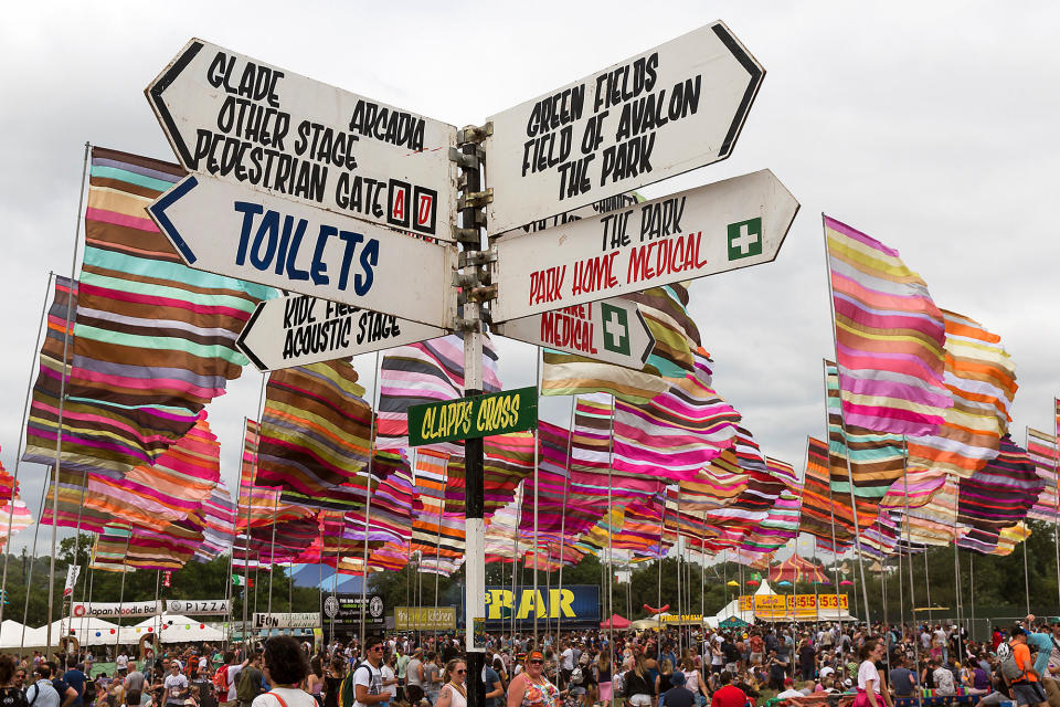 <p>A sign post at the Glastonbury music festival at Worthy Farm, in Somerset, England, Thursday, June 22, 2017. (Photo: Grant Pollard/Invision/AP) </p>