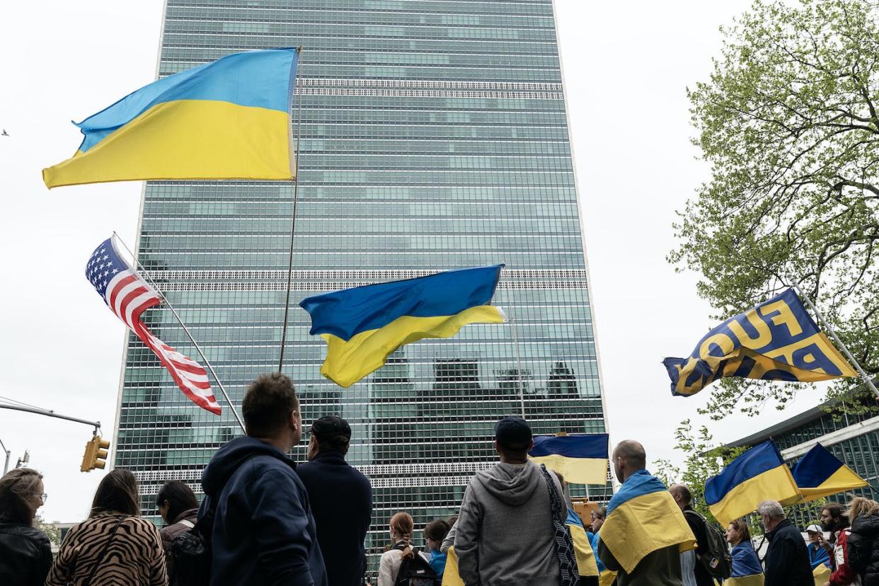 People protest outside of the United Nations headquarters in April 2023 demanding the return of Ukrainian children from Russia. <a href="https://media.gettyimages.com/id/1252111785/photo/dozens-protested-in-front-of-un-headquarters-in-ralph-bunche.jpg?s=1024x1024&w=gi&k=20&c=lagRLJ-VP1ZDU-lkpA1lRJggc0spvQu1-NT41QJi-9M=" rel="nofollow noopener" target="_blank" data-ylk="slk:Lev Radin/Pacific Press/LightRocket via Getty Images;elm:context_link;itc:0;sec:content-canvas" class="link ">Lev Radin/Pacific Press/LightRocket via Getty Images</a>