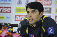 Pakistan cricket team captain Misbah-ul-Haq addresses a press conference ahead of the Asia Cup tournament in Dhaka, Bangladesh, Sunday, Feb. 23, 2014. Pakistan plays Sri Lanka in the opening match of the five-nation one day cricket event that begins Tuesday.(AP Photo/A.M. Ahad)