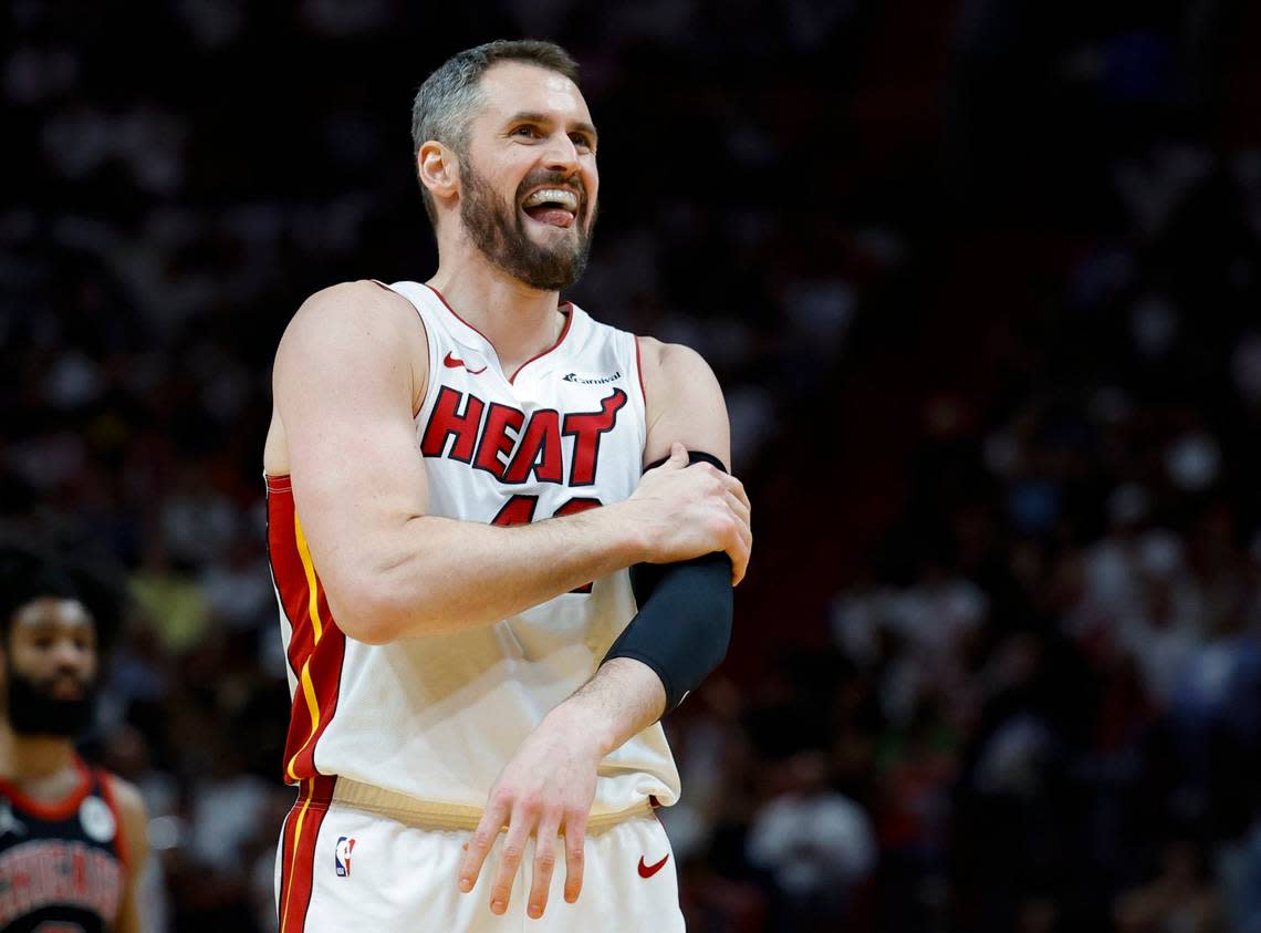Miami Heat forward Kevin Love (42) reacts after he is fouled in the second half during the game against the Chicago Bulls in the 2024 NBA Play-In Tournament at Kaseya Center in Miami on April 19, 2024.