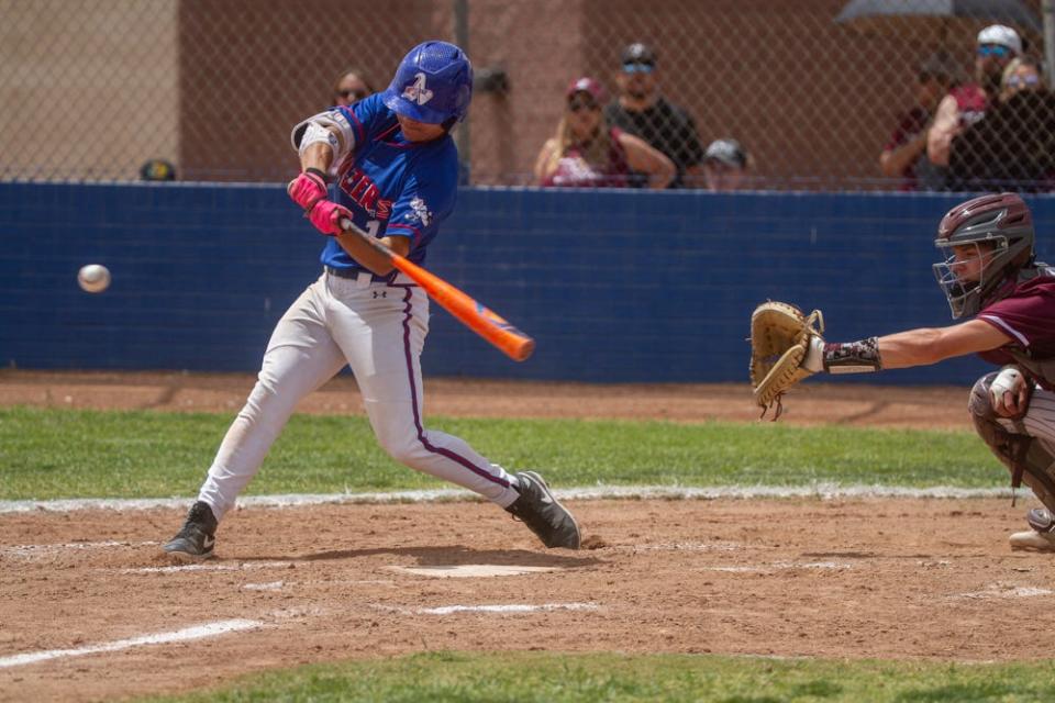 Americas High School's Adrian Quintana hits a home run against Midland Legacy during the Class 6A Bidistrict baseball playoffs on May 6, 2023. The Trailblazers won the series, 2-0.