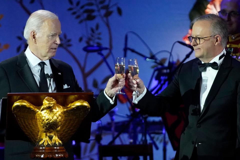 President Joe Biden toasts Australia's Prime Minister Anthony Albanese during a State Dinner at the White House.