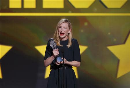Actress Cate Blanchett accepts the award for best actress for her role in "Blue Jasmine" at the 19th annual Critics' Choice Movie Awards in Santa Monica, California January 16, 2014. REUTERS/Mario Anzuoni