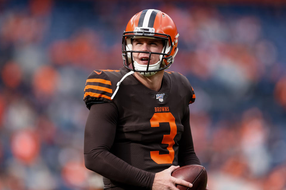 Nov 3, 2019; Denver, CO, USA; Cleveland Browns quarterback Garrett Gilbert (3) before the game against the Denver Broncos at Empower Field at Mile High. Mandatory Credit: Isaiah J. Downing-USA TODAY Sports