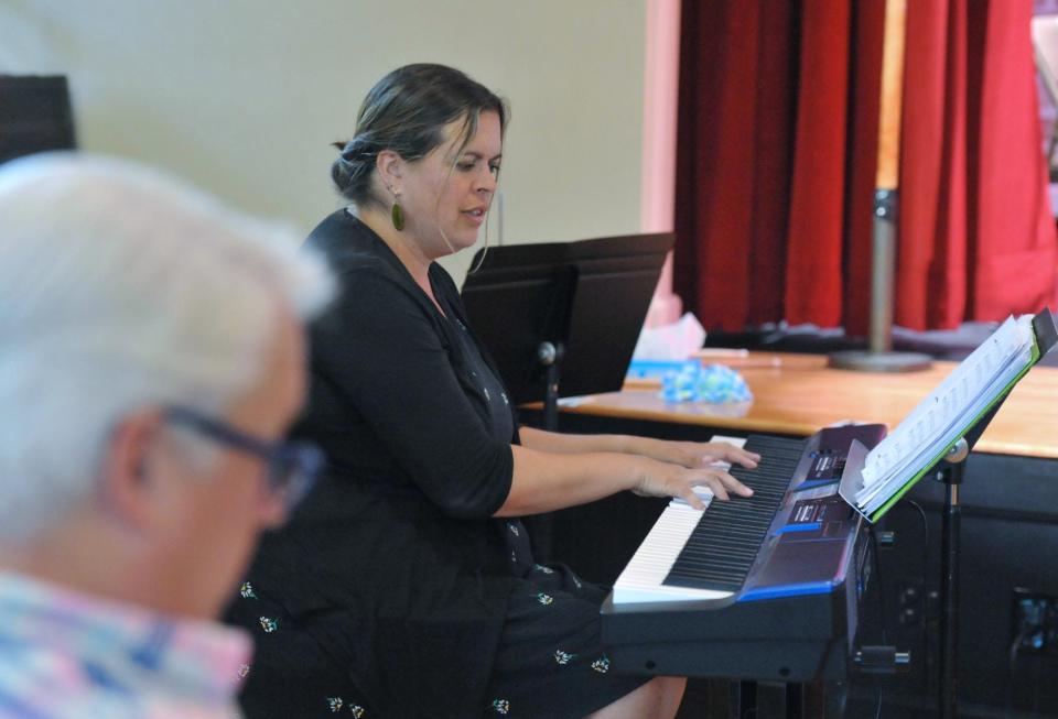 Music Director Sarah Troxler, of Plymouth, plays keyboard during rehearsal of JM Productions' 45th anniversary cabaret show that will be presented on Friday, Sept. 30, at the Woodward School in Quincy, Thursday, Sept. 15, 2022.