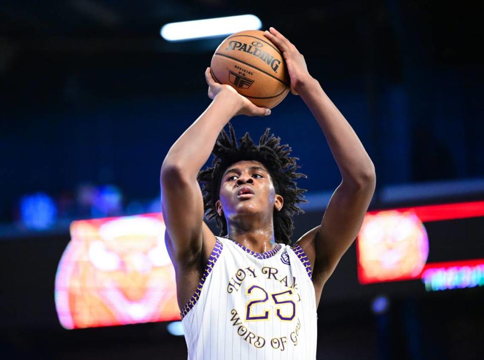 Jayden Quaintance of the Word Of God Christian Academy Holy Rams shoots a free throw during an Overtime Elite league game on Feb. 17, 2023, at OTE Arena in Atlanta.