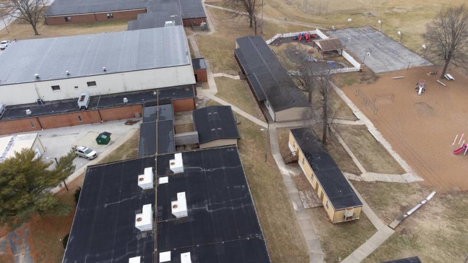 The pre-K mobile classrooms and a storage trailer along the west side of Whiteside Elementary School in Belleville, Ill., on Jan. 31, 2024.