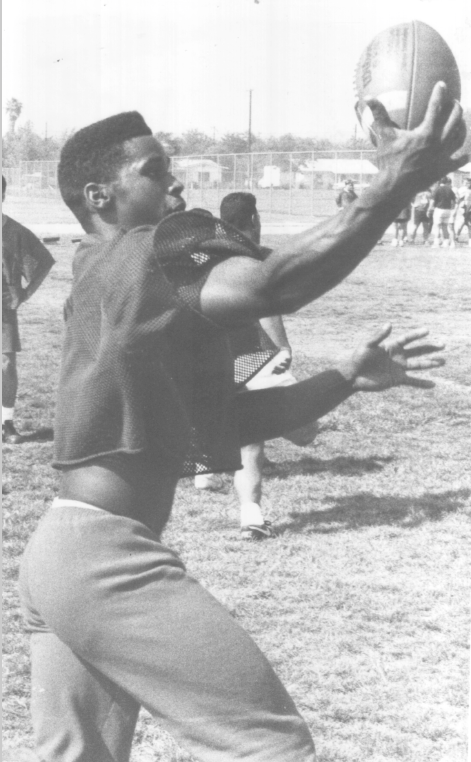 David Dotson snares the ball during football practice in 1991 for Valley View High School in Moreno Valley, Calif. E-E sports editor Mike Tupa covered Dotson, who went on to come California's all-time leading career rusher and considered offers from Penn State, Southern Cal and elsewhere.