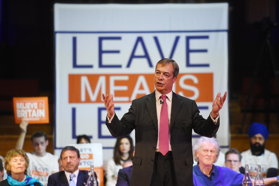 Nigel Farage speaking at a Leave Means Leave rally at Central Hall in London.