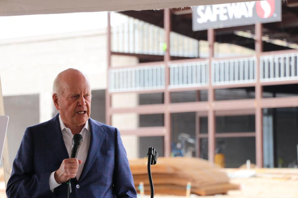 Jim Pederson, founder of retail development company The Pederson Group, gives the opening remarks during a groundbreaking ceremony Wednesday morning, March 6, for a 903,000-square-foot mixed-use development in northern Peoria called The Trailhead.