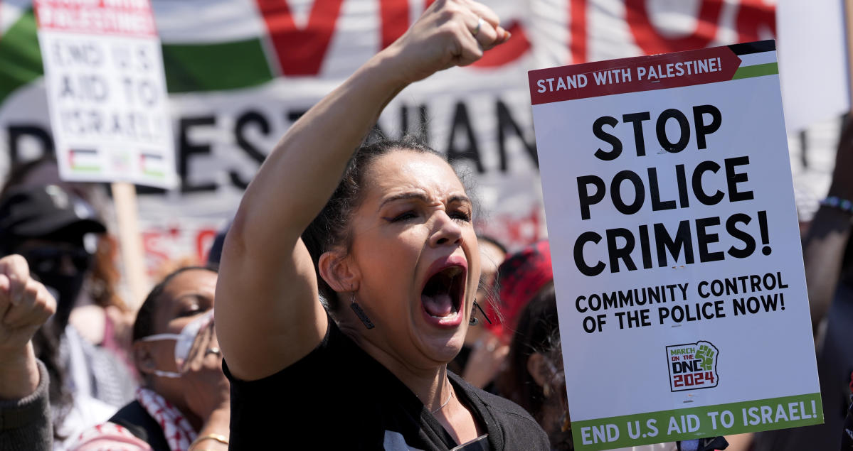 Protesters gather in front of the DNC