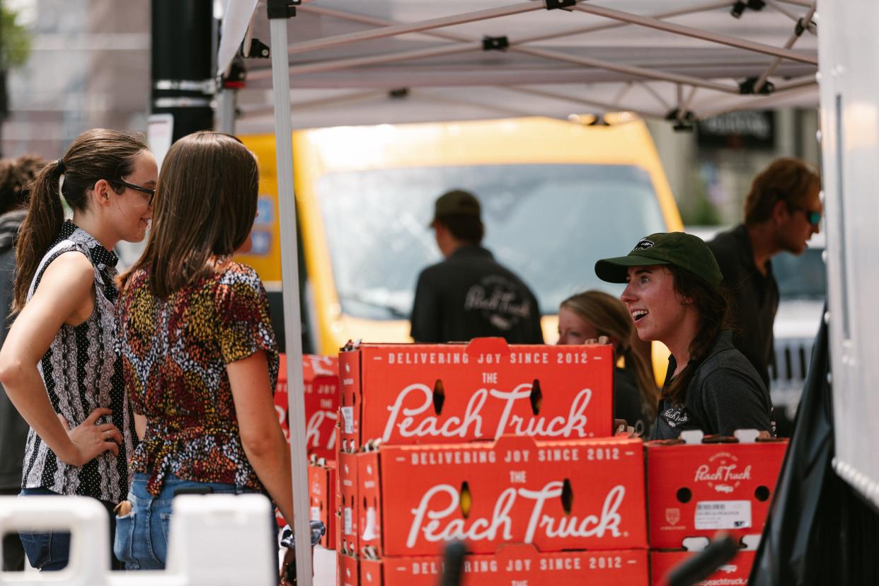 Customers can pick up orders from The Peach Truck, the Nashville-based fruit delivery business, at various locations around Greater Cincinnati this month and next month.