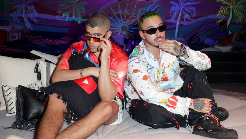 Bad Bunny and J Balvin at an artists lounge at the Coachella music festival in 2019.