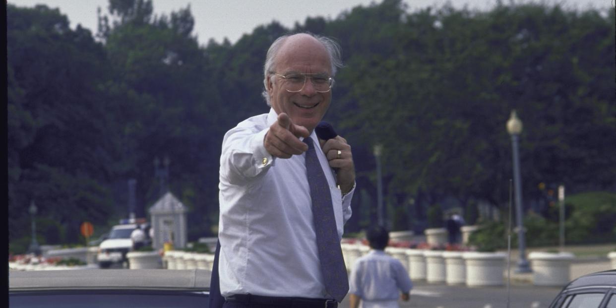 Senator Patrick J. Leahy walking outside after the Senate briefing of the downing of Iranian Airbus A300 by USS Vincennes in the Persian Gulf.