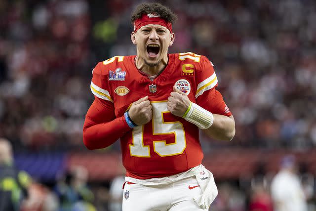 <p>Michael Owens/Getty Images</p> Patrick Mahomes #15 of the Kansas City Chiefs celebrates prior to the NFL Super Bowl 58 football game between the San Francisco 49ers and the Kansas City Chiefs