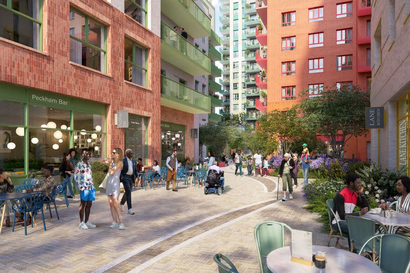 In another photo people sit in a courtyard surrounded by high-rise apartments