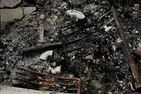 Pitchforks that have had their handles burned by wildfires rest amongst remnants of a ranch outbuilding near Lipscomb, Texas, U.S., March 12, 2017. REUTERS/Lucas Jackson