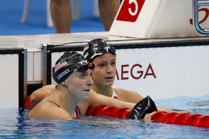 Katie Ledecky (L) and Katie Grimes both qualified for Paris 2024 through the U.S. Olympic trials in Indianapolis. File Photo by Tasos Katopodis/UPI
