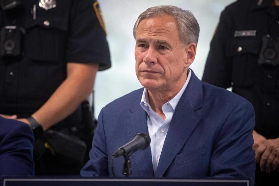 Texas governor Greg Abbott attends a press conference at the Fort Worth Police Officers Association on Wednesday, Sept. 14, 2022.
