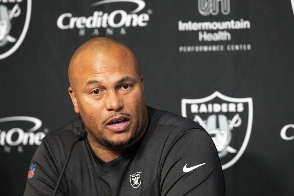 Las Vegas Raiders interim head coach Antonio Pierce speaks with reporters during a news conference at the Raiders Headquarters/Intermountain Performance Center Wednesday, Nov. 1, 2023, in Henderson, Nev. (Steve Marcus/Las Vegas Sun via AP)