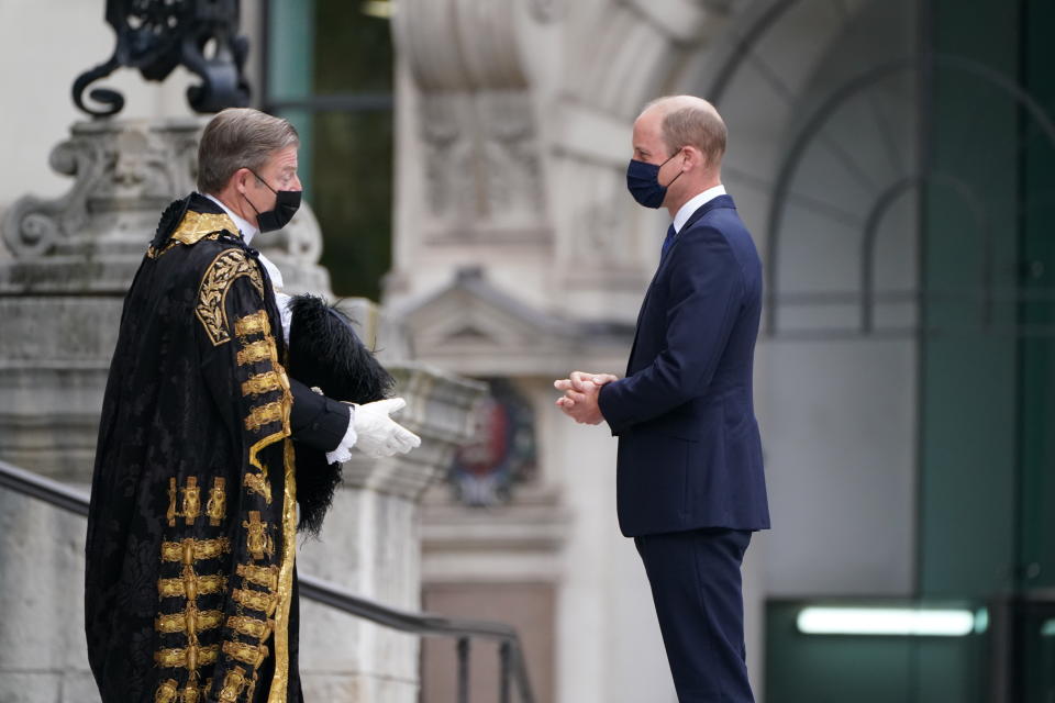 The Duke of Cambridge is greeted by William Russell, the Lord Mayor of London, as he arrives for the NHS service of commemoration and thanksgiving to mark the 73rd birthday of the NHS at St Paul's Cathedral, London. The Duchess of Cambridge was expected to attend but is having to self-isolate after coming into contact with someone who later tested positive for coronavirus, Picture date: Monday July 5, 2021.