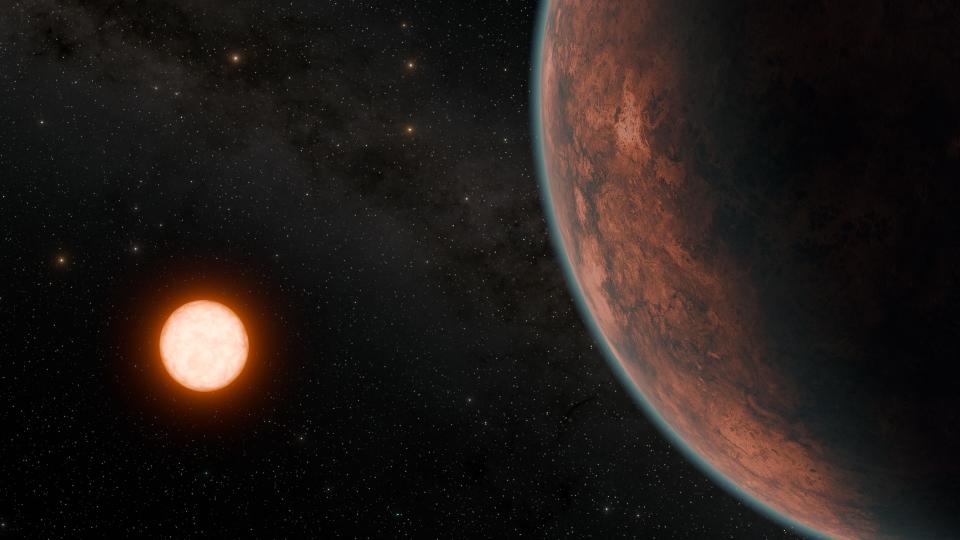 Pictured is the Super-Earth exoplanet, Gliese 12 b, and the red dwarf star, Gliese 12, it orbits.