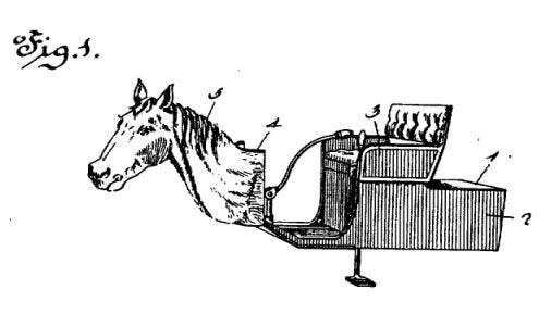 A patent for a motor carriage from 1899 by Uriah Smith, with a fake horse's head on the front to avoid spooking horses.