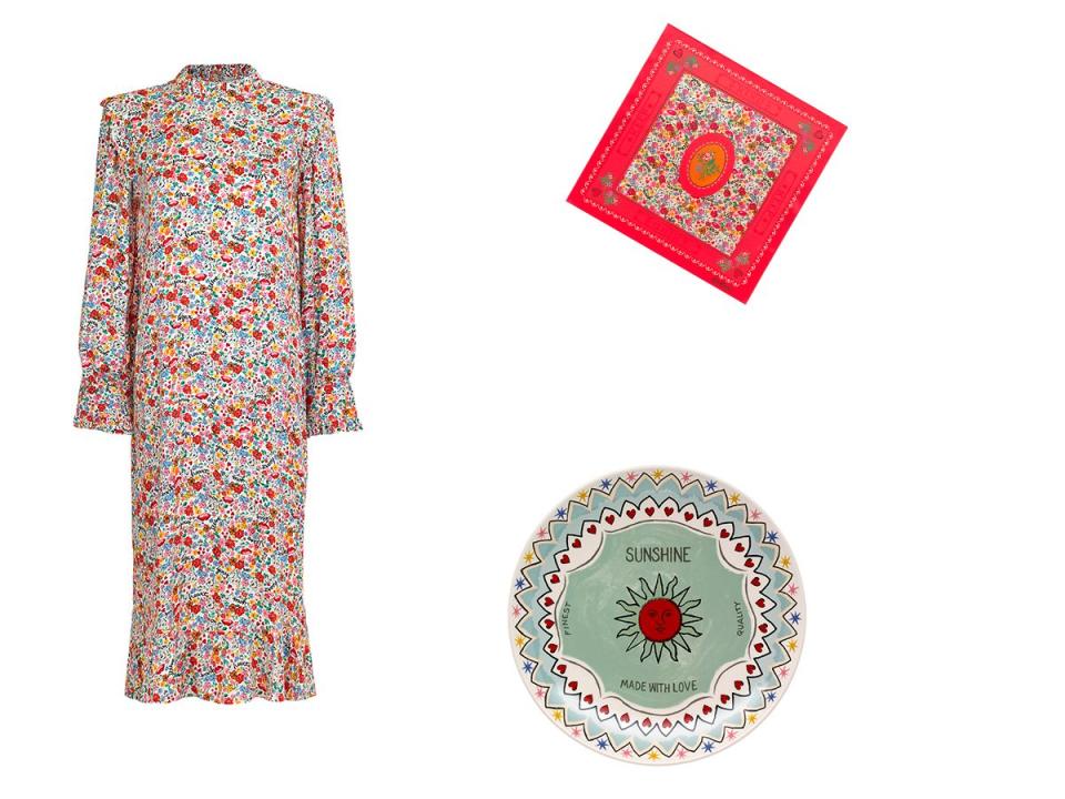 Silk scarf, £60; Sunshine side plate, £8; Brave soul print dress, £80