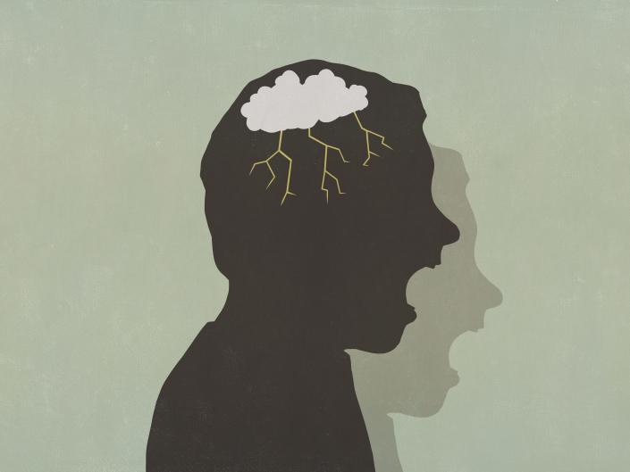 Illustration of a silhouette of an angry man with a storm cloud in his head screaming.