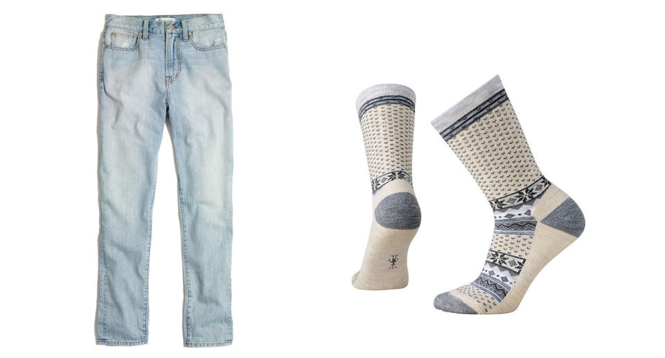 Madewell jeans for containing your base layer, left, and Smartwool socks. (Photos: Madewell; Smartwool)