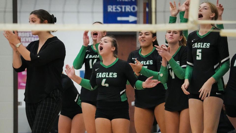 Zionsville Eagles yell in excitement from the sidelines Thursday, Oct. 13, 2022, at Hamilton Southeastern High School in Fishers. The Fishers Tigers defeated the Zionsville Eagles. 