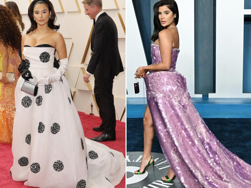 Diane Guerrero at the 2022 Oscars (left) and the actress at the after party (right).