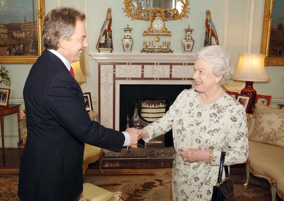 HM The Queen Elizabeth II receives Prime Minister Tony Blair Friday May 6, 2005, at Buckingham Palace after the Labour Party won a historic third term in office - but with a reduced majority.