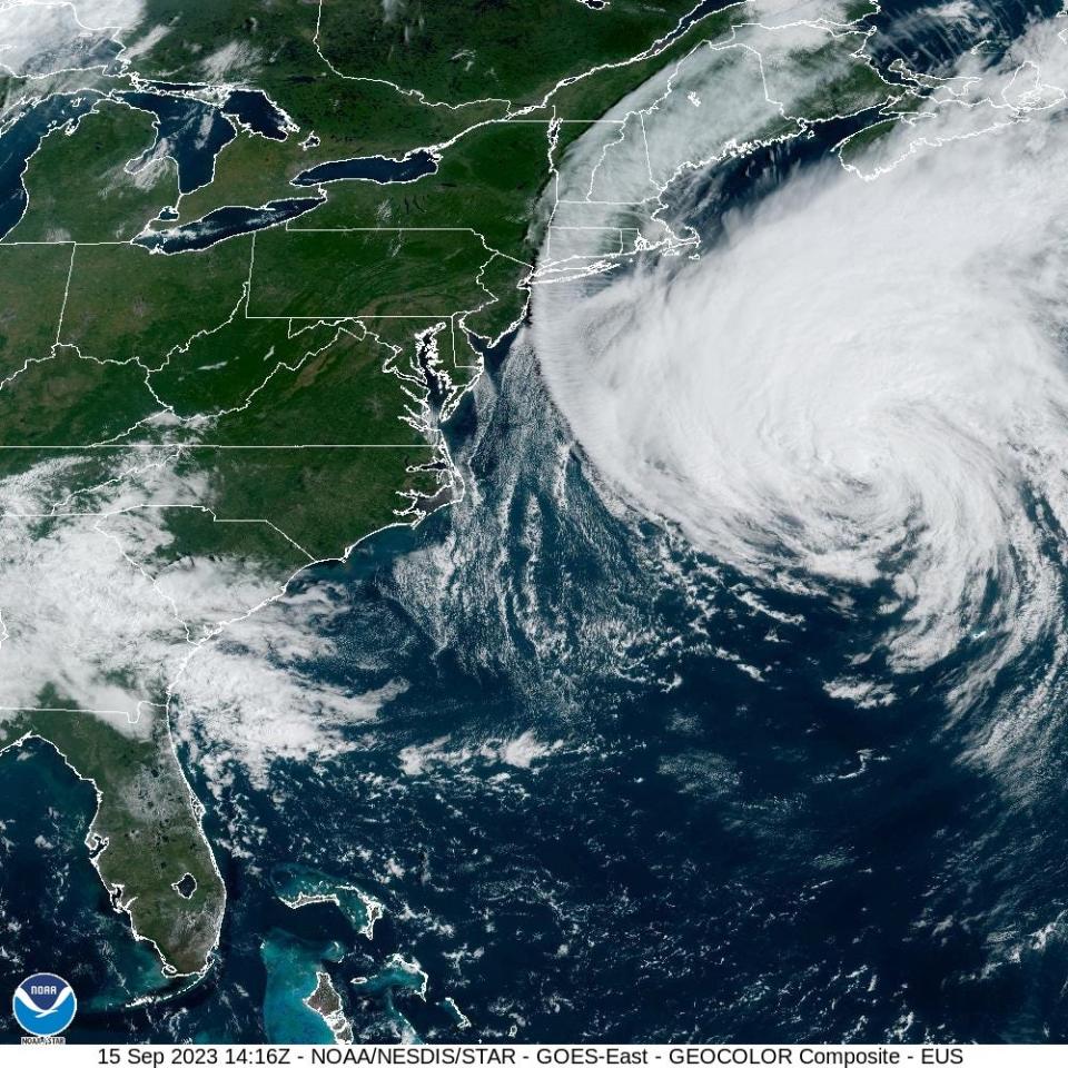 Hurricane Lee on satellite on Friday morning, Sept. 15, 2023, in this image provided by the National Oceanic and Atmospheric Administration.