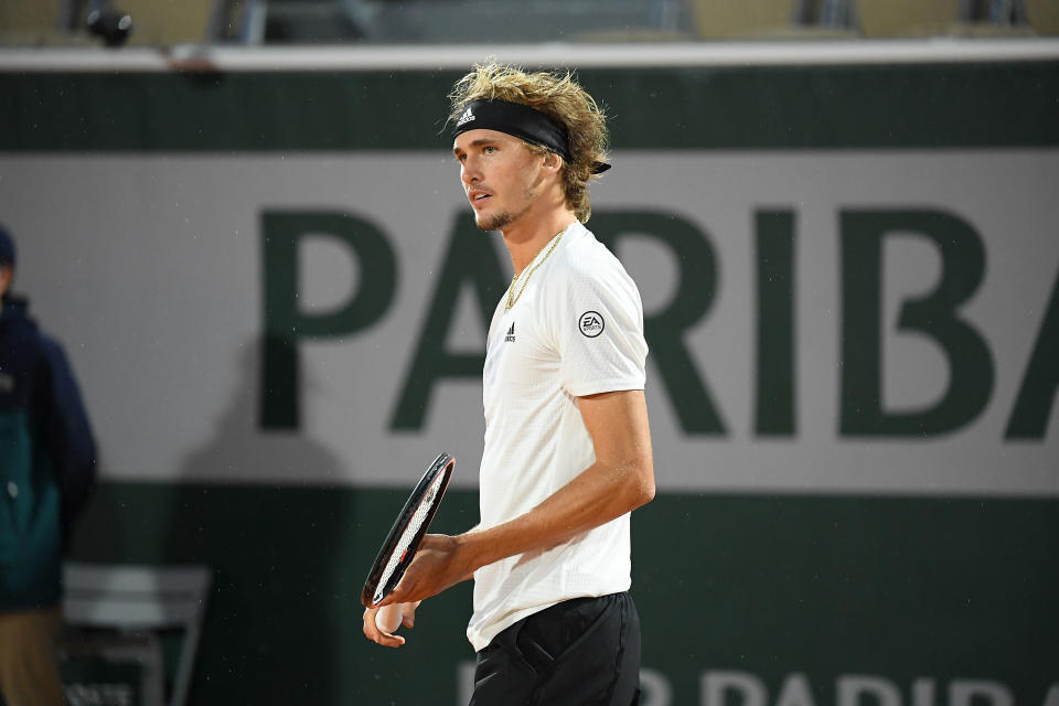 PARIS, FRANCE - OCTOBER 02: (BILD ZEITUNG OUT) Alexander Zverev of Germany during a match against Marco Cecchinato of Italy at day six of the French Open on October 02, 2020 in Paris, France. (Photo by TF-Images/Getty Images)