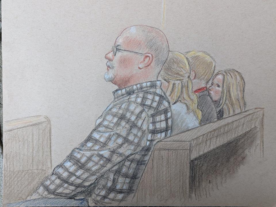 A court sketch of Ottawa truck convoy organizers Chris Barber, left, and Tamara Lich, right, from their appearance Sept. 5, 2023.