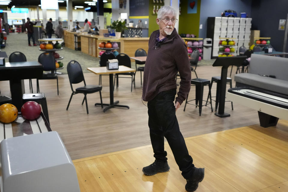 Thomas Giberti shows one of the numerous places he was shot while saving the lives of several children during a mass shooting at Just In Time Recreation, Wednesday, May 1, 2024, in Lewiston, Maine. (AP Photo/Robert F. Bukaty)