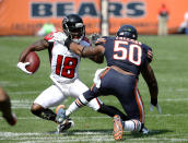 <p>Jerrell Freeman #50 of the Chicago Bears attempts to tackle Taylor Gabriel #18 of the Atlanta Falcons in the third quarter at Soldier Field on September 10, 2017 in Chicago, Illinois. (Photo by Jonathan Daniel/Getty Images) </p>