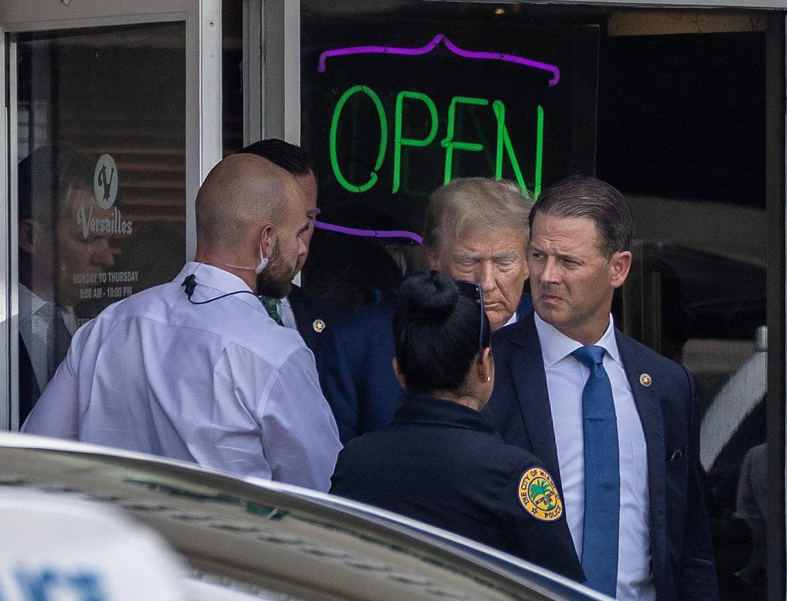 Former President Donald Trump steps out of the Versailles Bakery in Little Havana to greet supporters, mostly Cuban exiles, after his arraignment Tuesday, June 13, 2023, at the Miami federal courthouse.