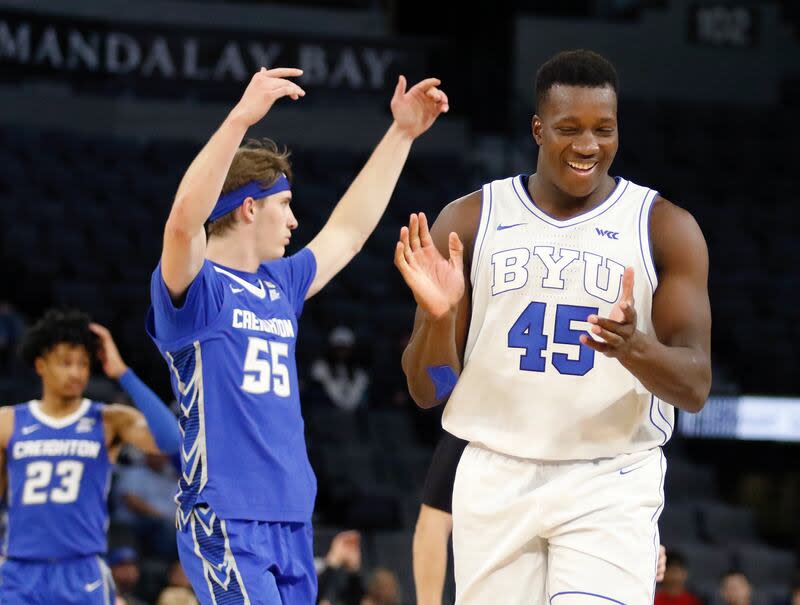 BYU forward Fousseyni Traore reacts to a play during a game against Creighton on Saturday, Dec. 10, 2022, in Las Vegas.