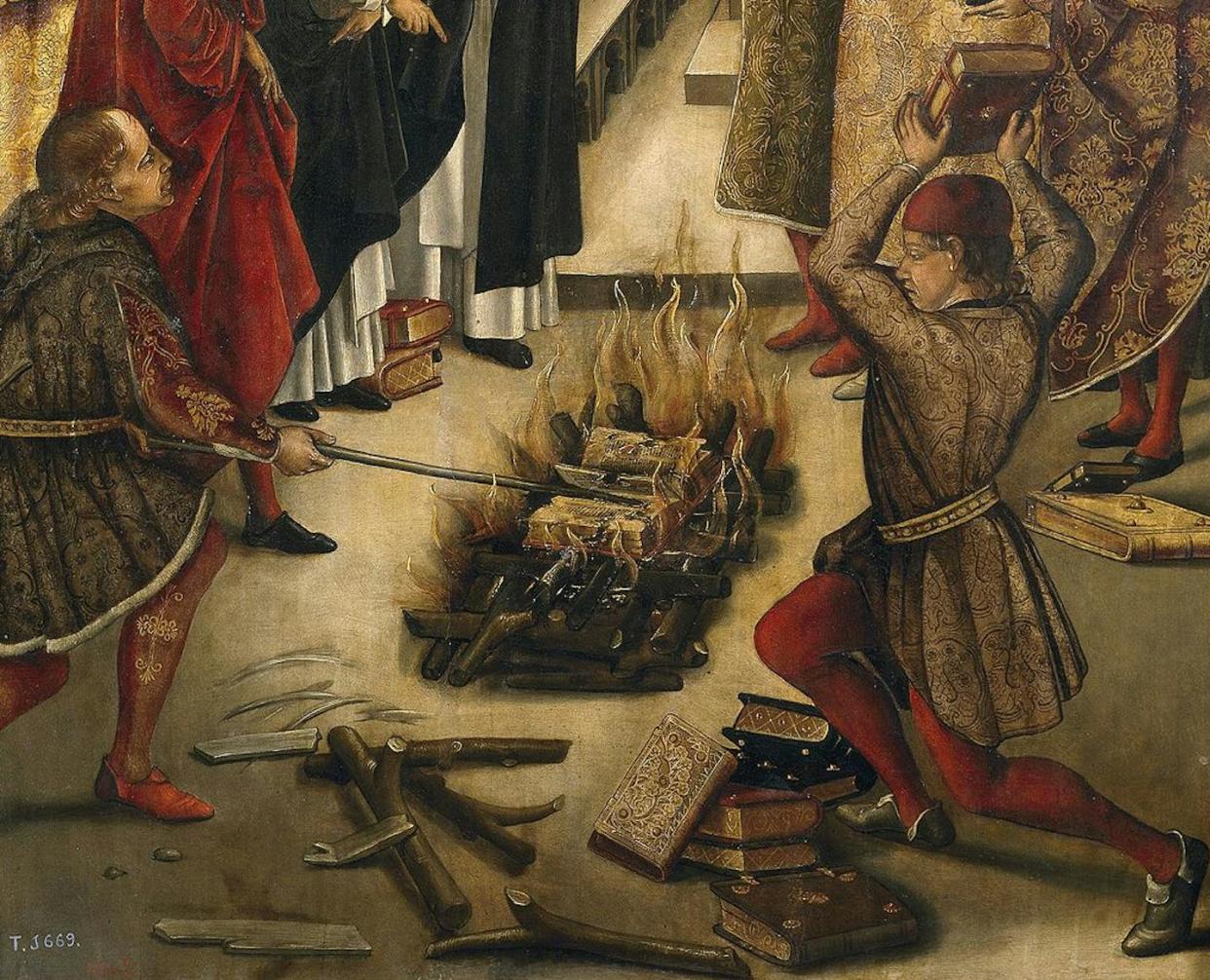 Books whose ideas ran afoul of official church doctrine were sometimes cast into the flames -- and literature with queer themes was no stranger to scrutiny. <a href="https://commons.wikimedia.org/wiki/File:Santo_Domingo_y_los_albigenses-detalle.jpg" rel="nofollow noopener" target="_blank" data-ylk="slk:Pedro Berruguete/Museo del Prado/Wikimedia Commons;elm:context_link;itc:0;sec:content-canvas" class="link ">Pedro Berruguete/Museo del Prado/Wikimedia Commons</a>