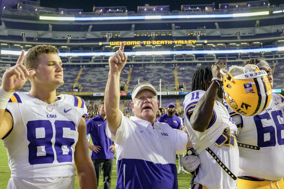 No. 14 LSU will look to distance itself from its ugly season-opening loss to Florida State as it opens SEC play on the road against Mississippi State this weekend. (AP Photo/Matthew Hinton)