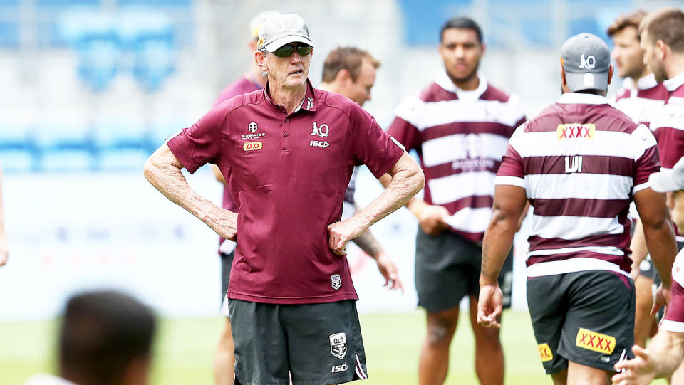 Wayne Bennett stands and watches during the Queensland Maroons State of Origin captain's run.