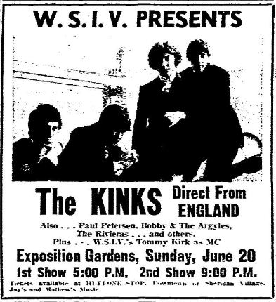 A June 18, 1965, ad in the Journal Star announces an upcoming performance by the Kinks — "Direct From ENGLAND" — at Exposition Gardens in Peoria.