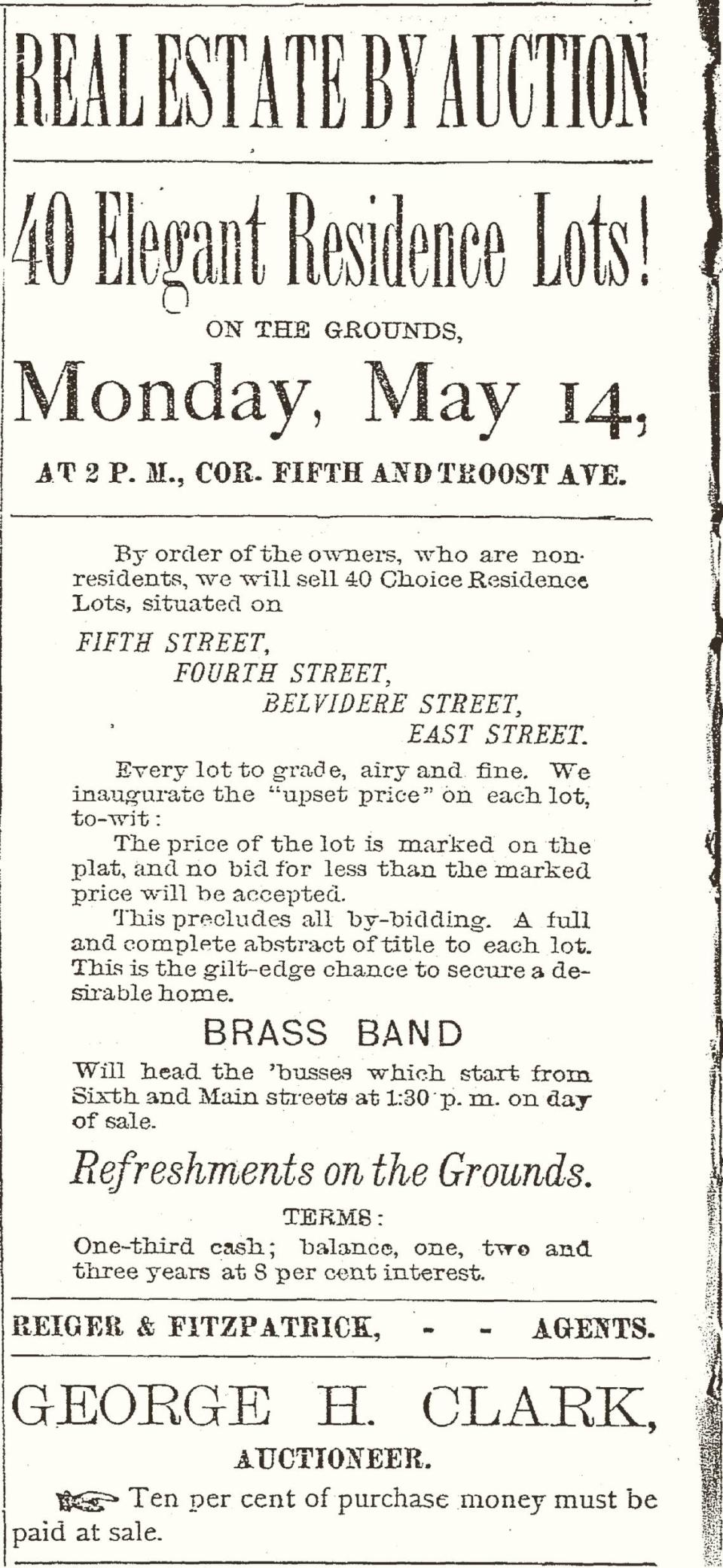 In 1883, the real estate firm Rieger & Fitzpatrick auctioned residential lots in the area that shortly after became Belvidere Hollow.